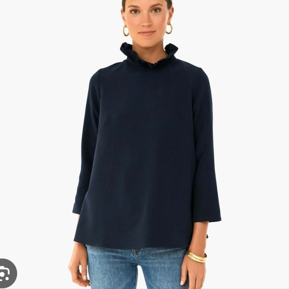Tuckernuck Navy Ruffled Mock Neck Blouse